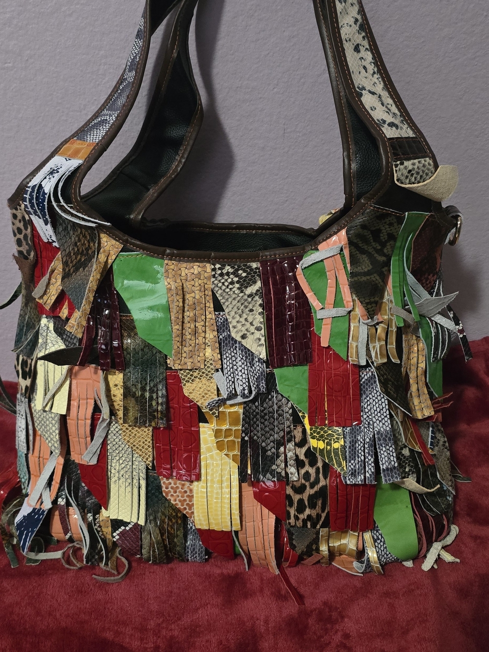 Genuine Leather Multi-Color Fringe Patchwork Shoulder Bag